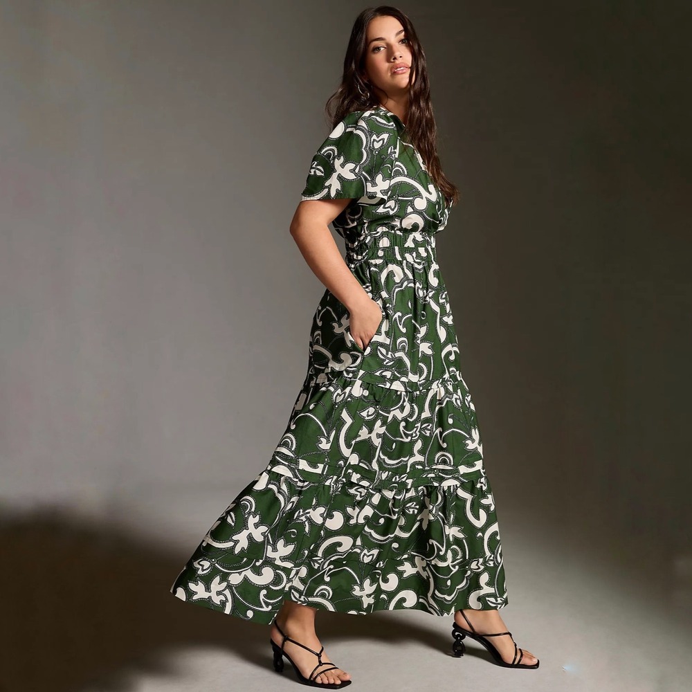 Anthropologie Somerset Maxi Dress Green White Cotton 1X Plus Size - Picture 3 of 13